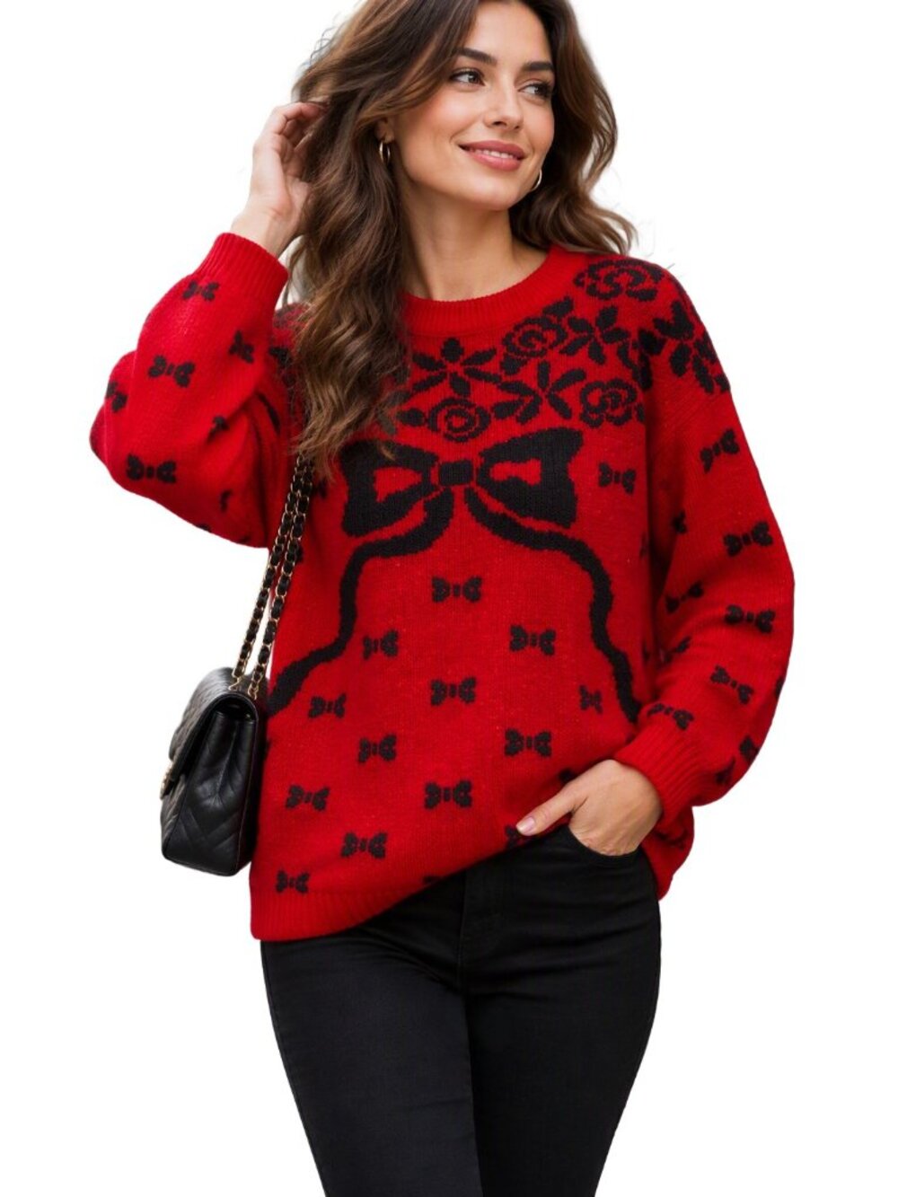 Retro by Renaissance Red Shimmer Sweater Black Bow Double Knit Jacquard Sz XL-L